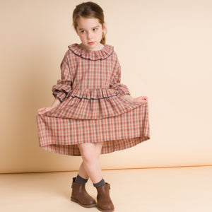 Girls' Ruffle Collar Long Sleeve Dress | Red and Blue Check
