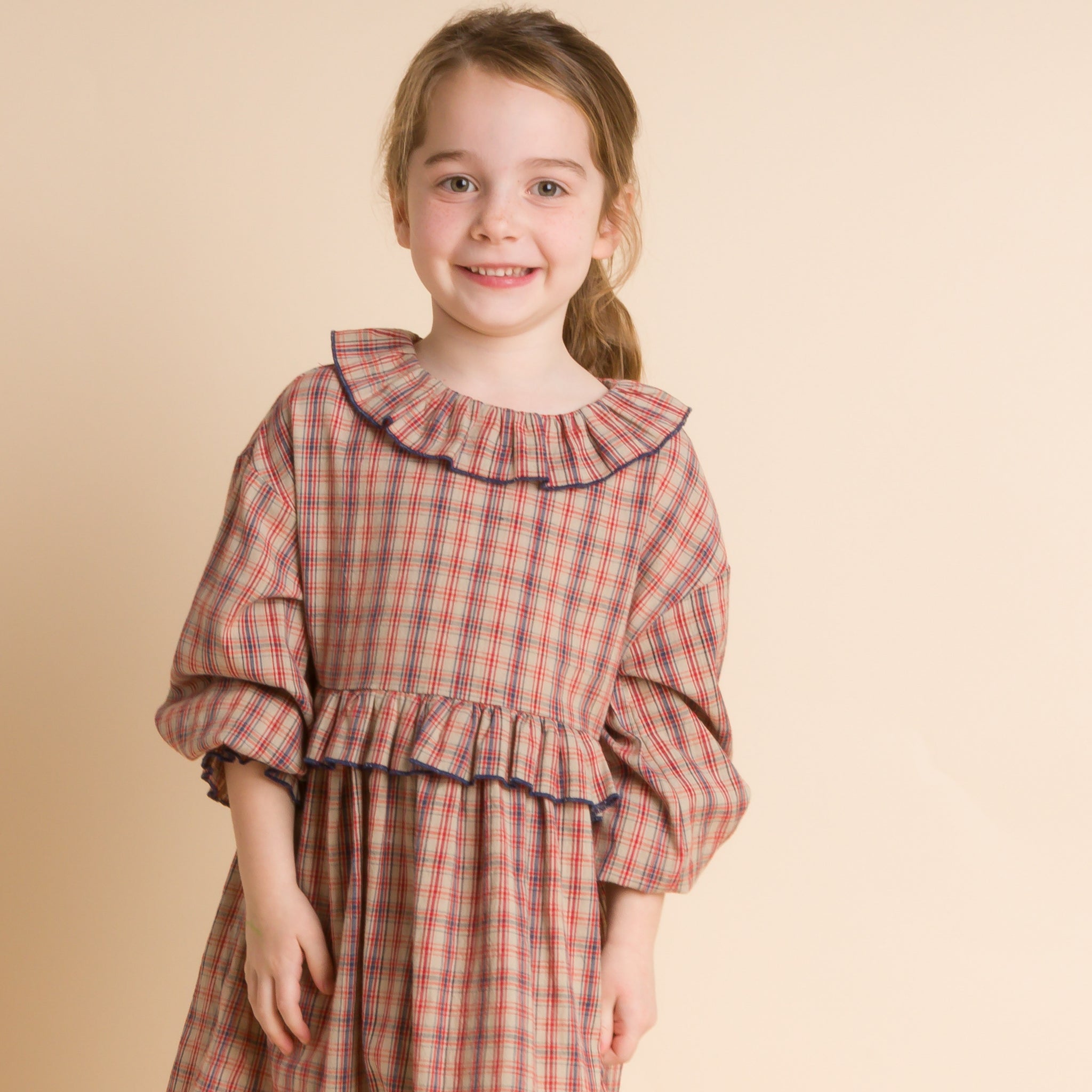 Girls' Ruffle Collar Long Sleeve Dress | Red and Blue Check Girls' Ruffle Collar Long Sleeve Dress | Red and Blue Check