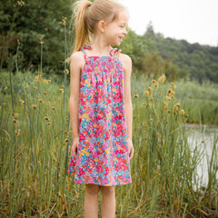 ● I AM MARI ● Betty Frill Flower Smocked Banded Wrap Dress The Beth - Smocked Green & White Stripes or Navy Blue Polka