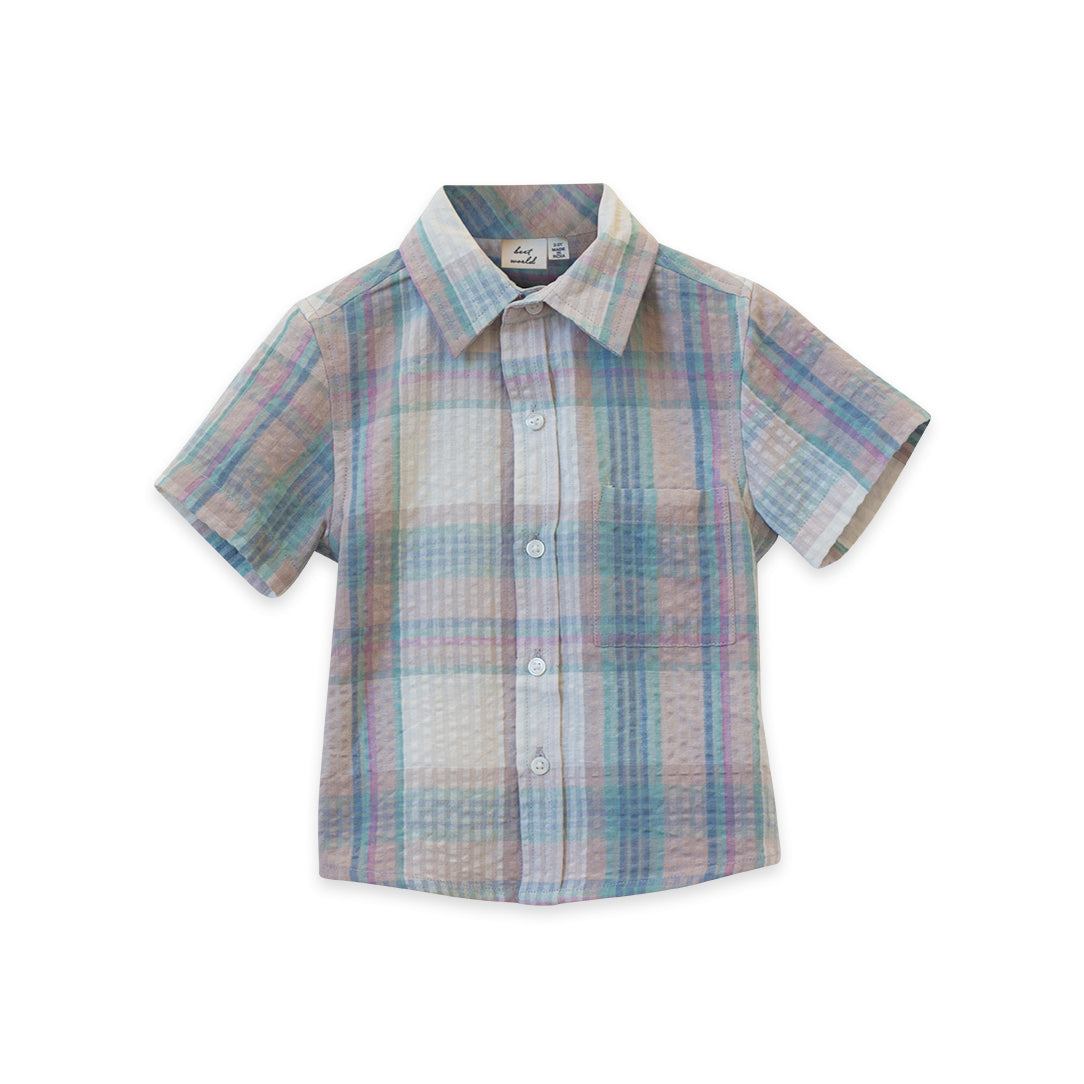 dress shirt for boys Boys' Collar Shirt 6Y, Short Sleeves, Blue Seersucker, Cotton