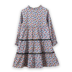 Girls' Long Sleeves Tiered Skirt Dress with Velvet Trim | Blue and Mustard