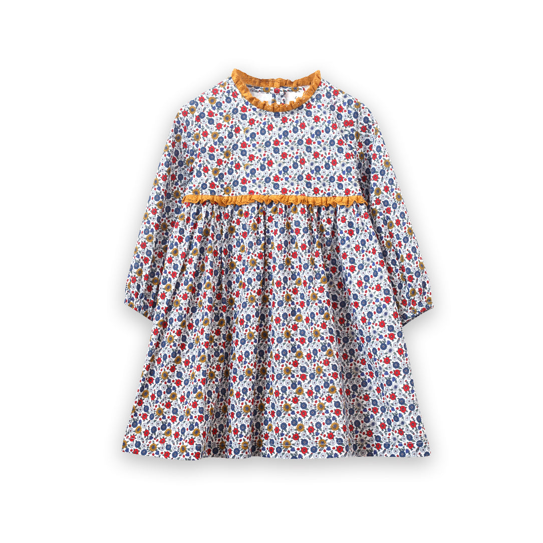 Toddler Long Sleeves Dress with Lace Trim | Mustard and Blue Floral 6-12 mo | Beet World Toddler Long Sleeves Dress with Lace Trim | Mustard and Blue Floral 6-12 mo | Beet World