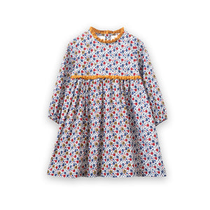 Toddler Long Sleeves Dress with Lace Trim | Mustard and Blue Floral