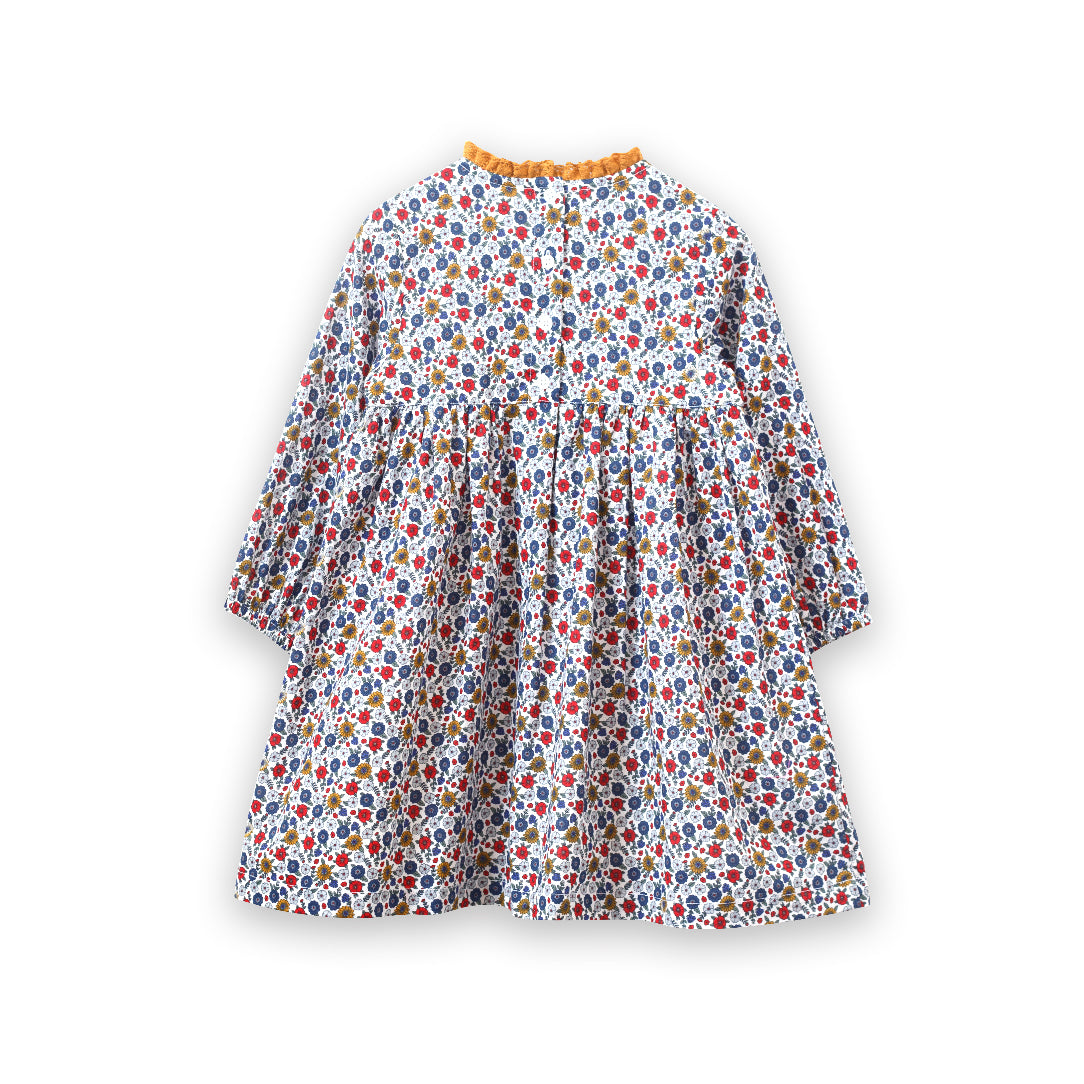 Toddler Long Sleeves Dress with Lace Trim | Mustard and Blue Floral 6-12 mo | Beet World Toddler Long Sleeves Dress with Lace Trim | Mustard and Blue Floral 6-12 mo | Beet World