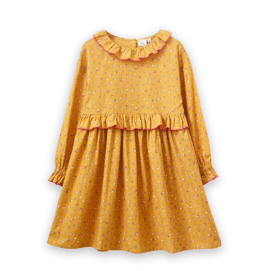 Girls' Ruffle Collar Long Sleeve Dress | Mustard and Pink