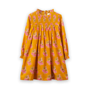 Girls' Smocked Long Sleeve Dress | Mustard and Pink