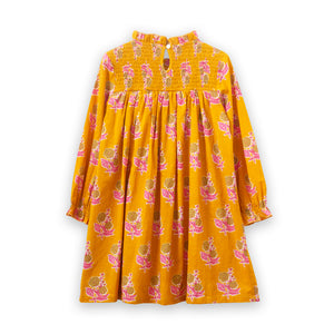 Girls' Smocked Long Sleeve Dress | Mustard and Pink